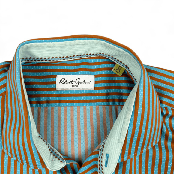 Robert Graham Shirt Adult EXTRA LARGE Blue Yellow Stripes Button Down Dress - Picture 3 of 8